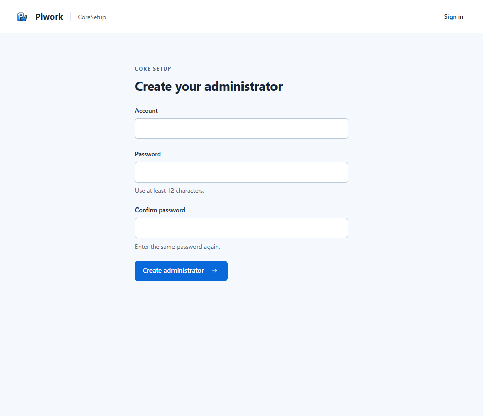 The real administrator setup page, with empty account and password fields