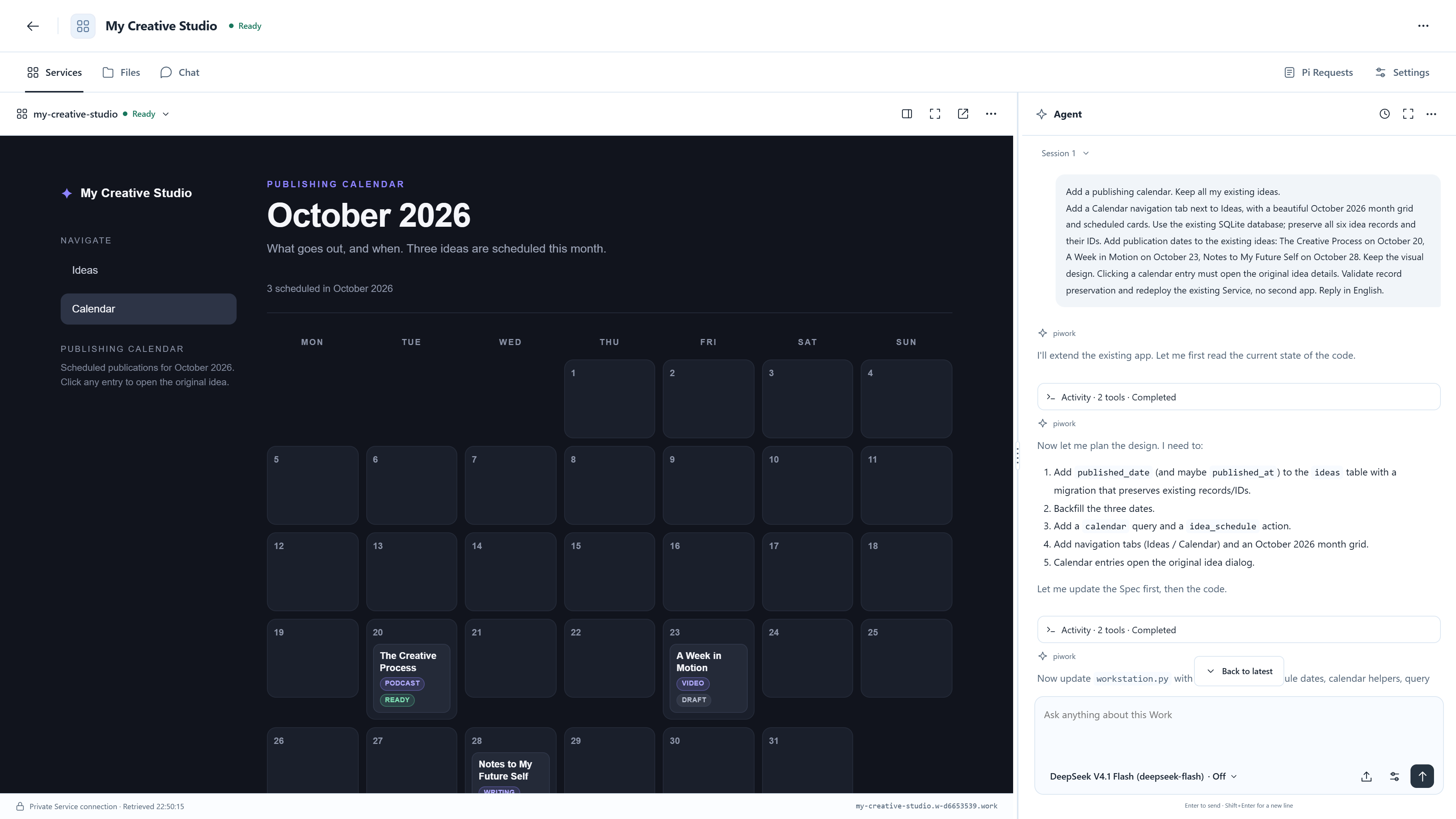 Evolve / The actual publishing calendar is on the left. The original request to add it and keep the existing ideas is visible in Chat on the right.