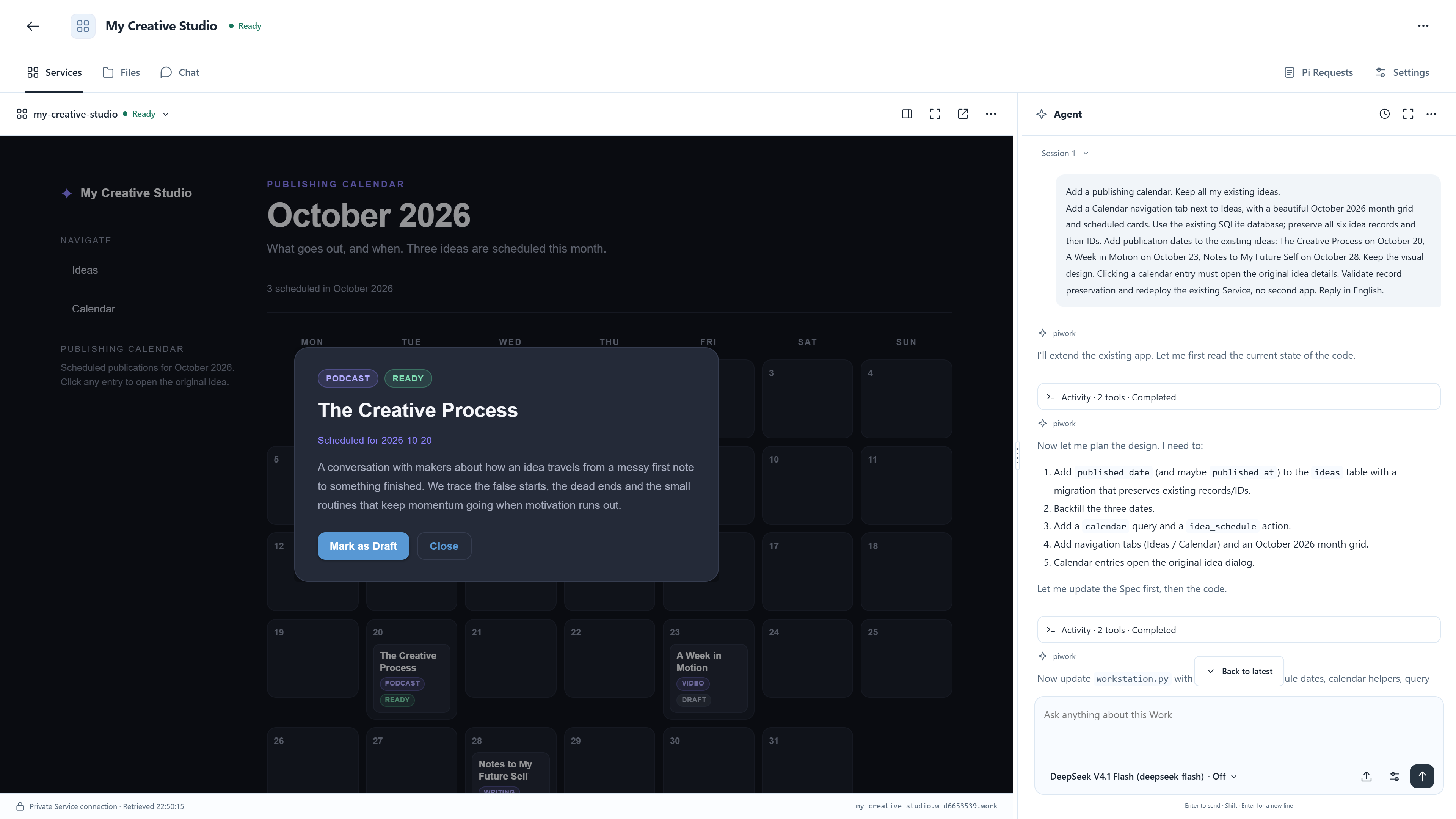 Continue / After import, the original idea still has its title, content, and 2026-10-20 date. Its original Chat request remains alongside it.