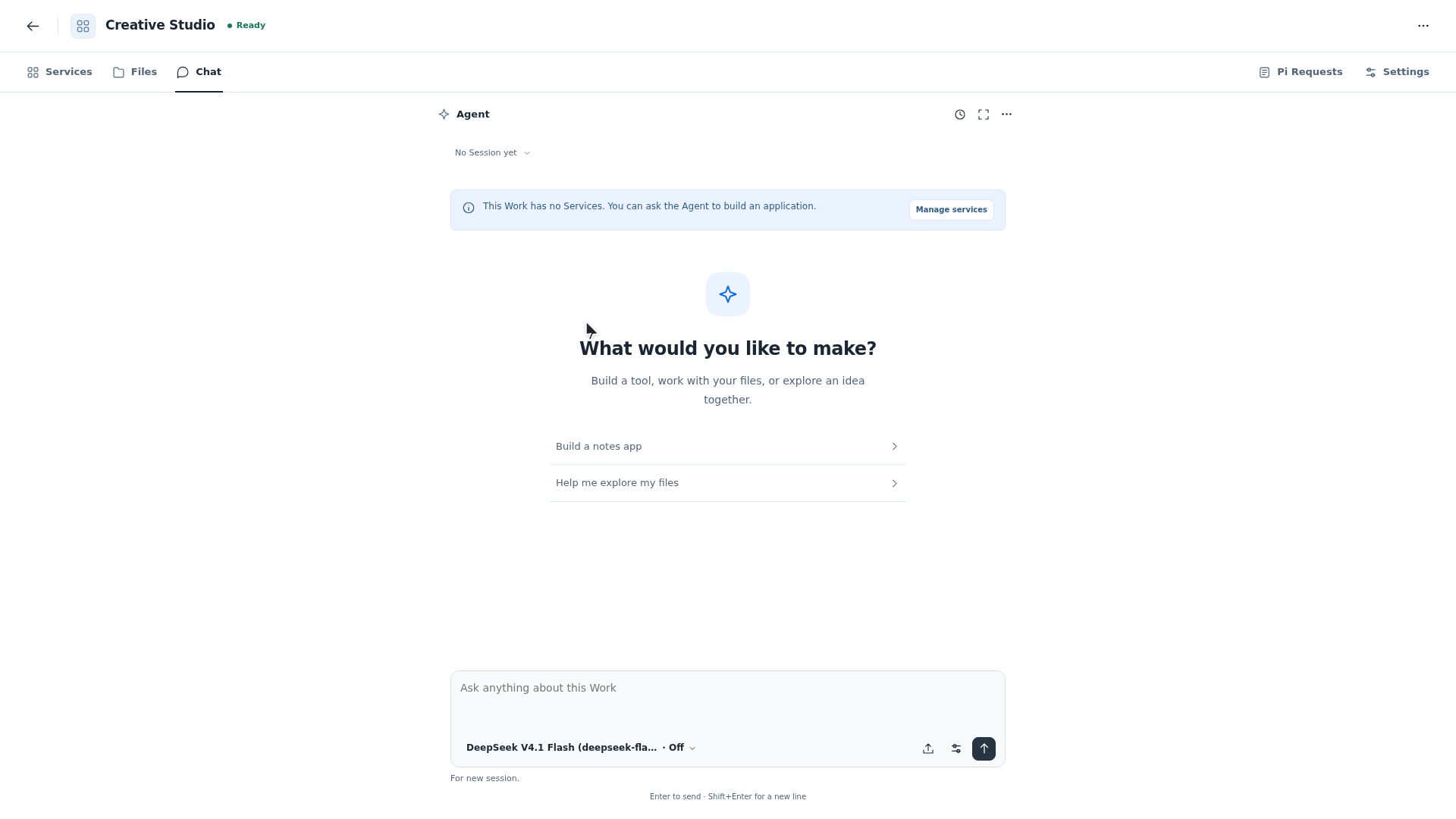 An empty Piwork Workspace with Services, Files and Chat navigation, the Agent welcome screen, and message composer